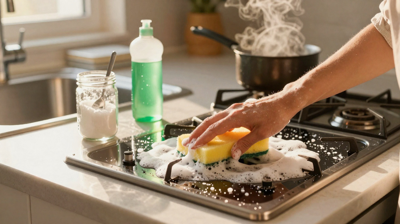 Mão a lavar o fogão com esponja amarelo verde e detergente, panela a ferver ao fundo.