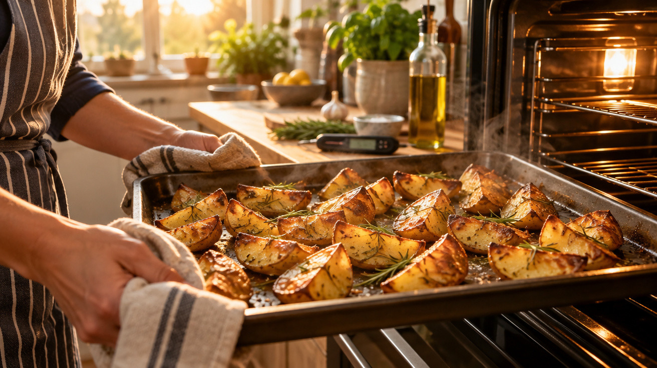 Pessoa a tirar do forno um tabuleiro com batatas assadas temperadas com ervas e azeite numa cozinha iluminada.
